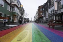 A picture from Iceland depicting the rainbow road in Reykjavík.