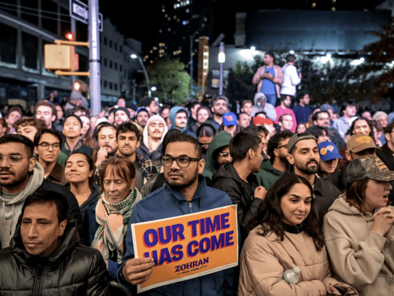 Supporters of Zohran Mamdani, who will be New York’s first Muslim mayor, listening to his victory speech on Tuesday night.Credit...Victor J. Blue for The New York Times