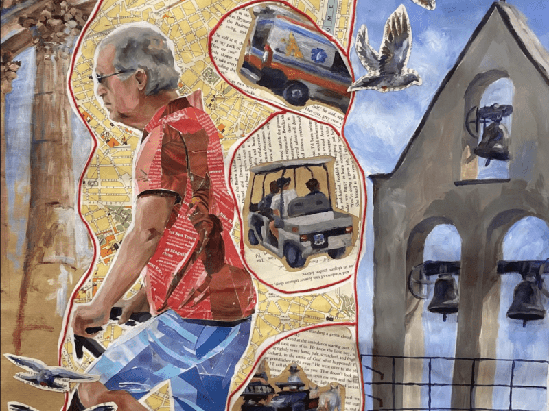 Collage of a man, church bells, cars.