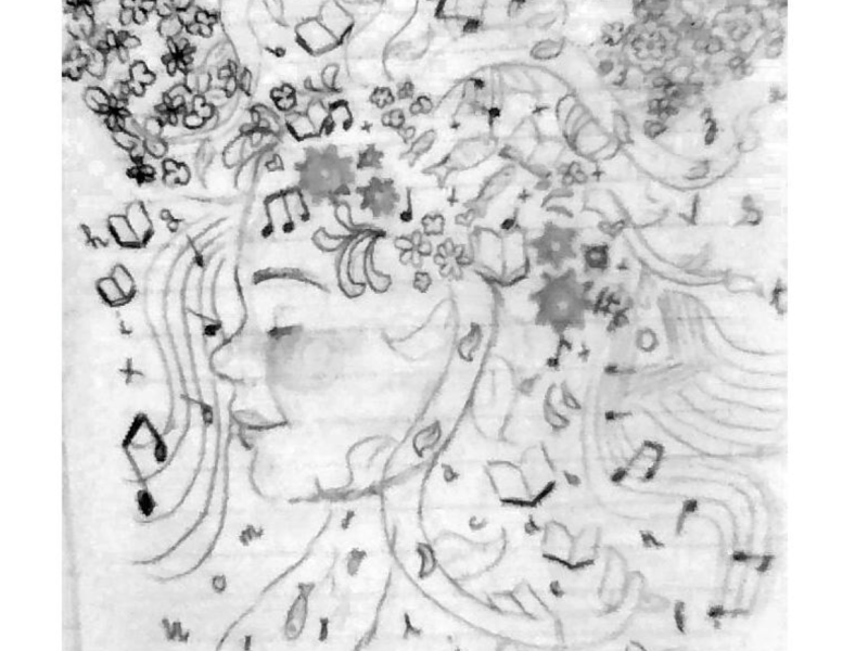 Journal drawing of a girl with music and ideas floating around her head.