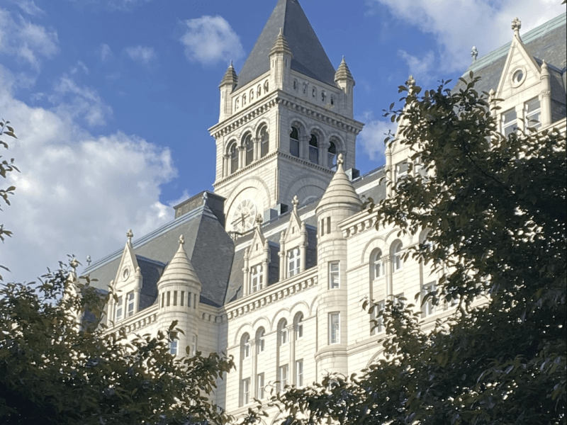 Image of a castle peeking through the trees.