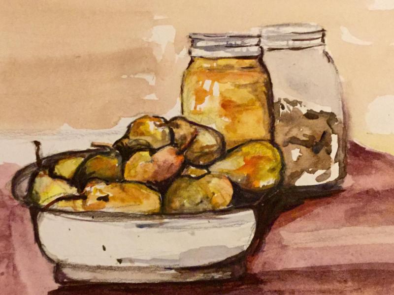 bowl of fruit and mason jars