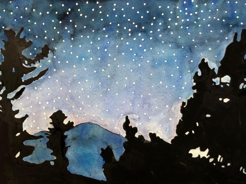 Painting of mountains and night sky