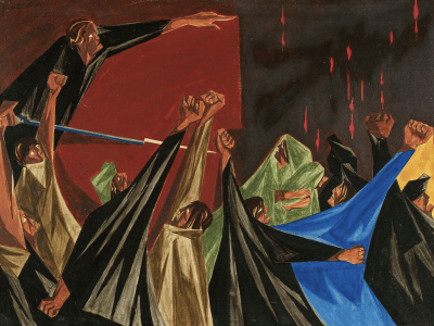 Panel 1 of “Struggle: From the History of the American People.” The work, by Jacob Lawrence, was received with some ambivalence by the art world. The collection was eventually purchased by a private collector who later resold each panel separately.Credit...The Jacob and Gwendolyn Lawrence Foundation, Seattle/Artists Rights Society (ARS), New York, via PEM