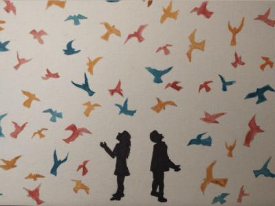 Image of two silhouettes on a white background with colorful birds.