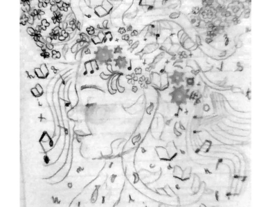 Journal drawing of a girl with music and ideas floating around her head.