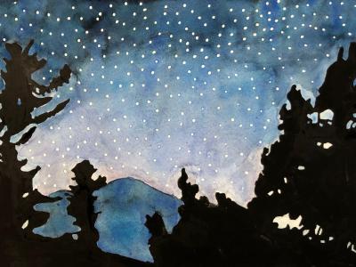 Painting of mountains and night sky