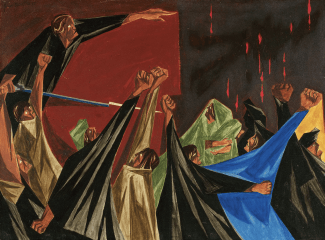 Panel 1 of “Struggle: From the History of the American People.” The work, by Jacob Lawrence, was received with some ambivalence by the art world. The collection was eventually purchased by a private collector who later resold each panel separately.Credit...The Jacob and Gwendolyn Lawrence Foundation, Seattle/Artists Rights Society (ARS), New York, via PEM