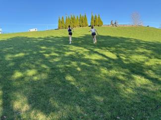 Two people running up a bright green hill to a crop of trees with a clear blue sky in the distance