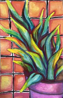 A colorful watercolor plant in a purple pot with orange tiles in the background