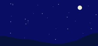 A digital image of a blue sky with white stars and a white moon, and a darker countryside visible against it.