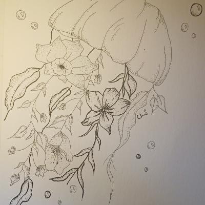 A drawing of a jellyfish with flower tentacles