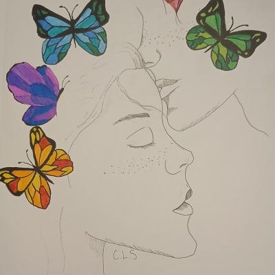2 people surrounded by butterflies 