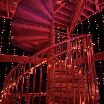 a staircase surrounded by lights at night