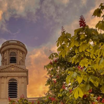 An edited photo of a building in paris behind some tree branches