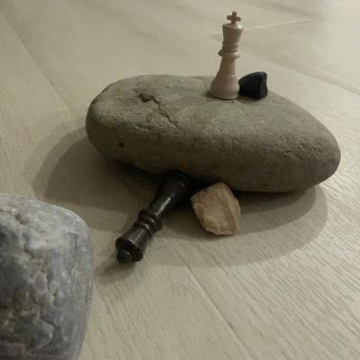 A white king standing on a rock, with the shadow of a black queen under him.