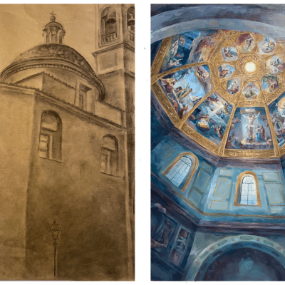 A diptych of a charcoal image of the exterior of the San Lorenzo on the left and an oil painting of the Medici chapel (interior of the San Lorenzo) on the right. 