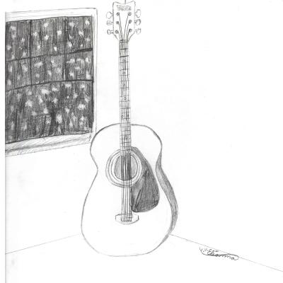 This is a pencil drawing of a guitar next to a window. Outside the window, it is dark with snow falling.