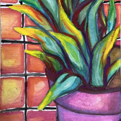 A colorful watercolor plant in a purple pot with orange tiles in the background