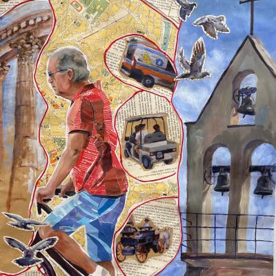 A collage of vehicles including a two large paintings of a man and bell tower.