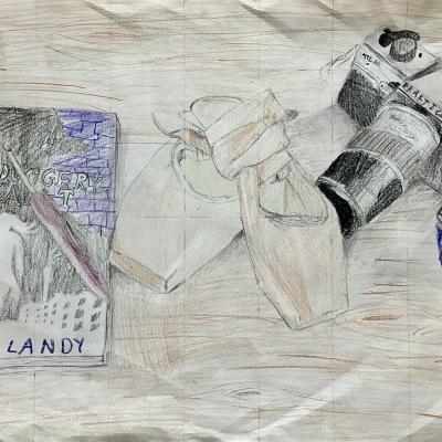 Drawing of a book, crochet hook, pointe shoes, and camera drawn using colored pencils.