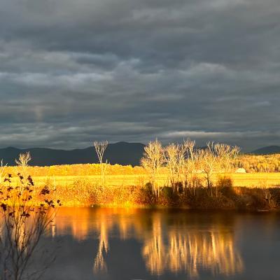 A river and fields. 