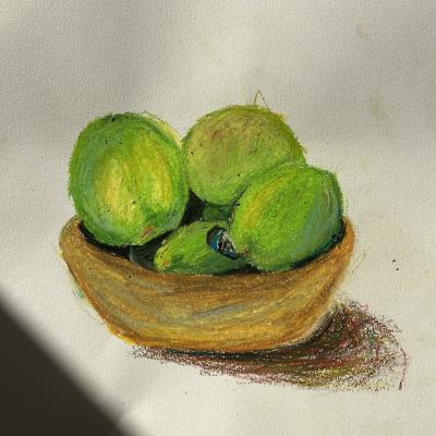 An oil pastel drawing of a small wooden bowl with 3-4 limes in it 