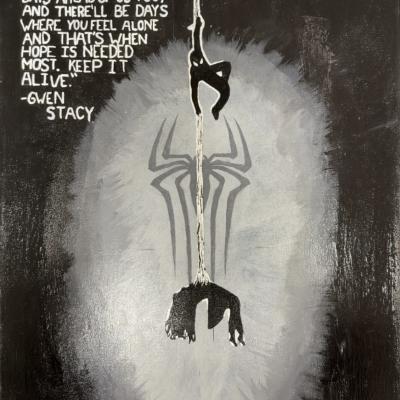 A dark, emotional painting showing a silhouette of Spider-Man hanging by a web above holding a lifeless silhouette of Gwen Stacy. A glowing Spider-Man symbol in the background to show which movie is represented. A hopeful quote from Gwen Stacy about enduring difficult times is also shown.