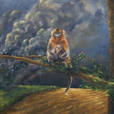 Painting of two monkeys on a tree with a polluted background and plowed forest.