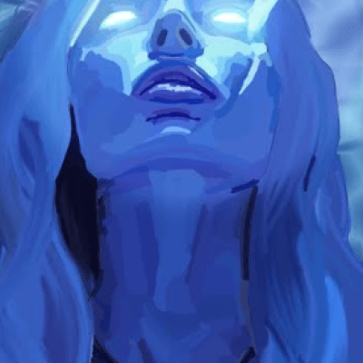 a girl with blue glowing eyes 