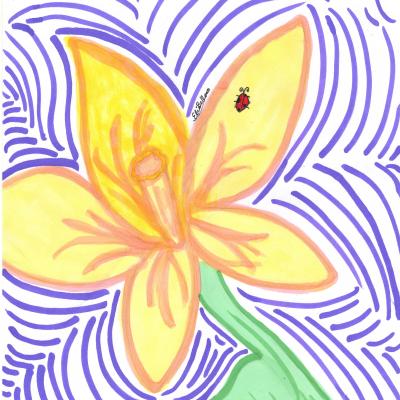 Yellow flower with green stem and leaf, red ladybug, and purple lines around