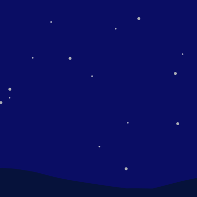 A digital image of a blue sky with white stars and a white moon, and a darker countryside visible against it.