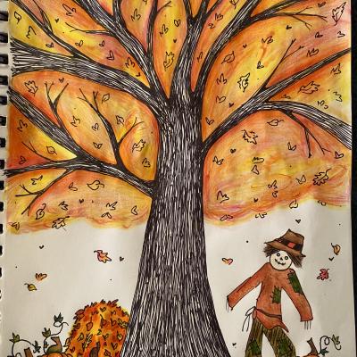 Drawing of fall tree, scarecrow