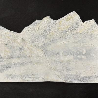 A textured abstract landscape in soft whites and grays radiates from a central point, with jagged edges and layered surfaces that evoke a weathered, natural landscape.